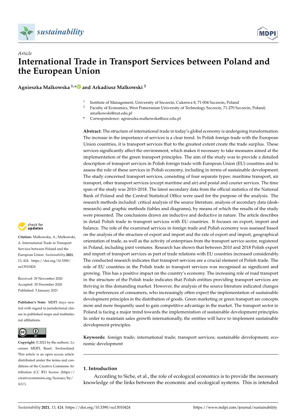 International Trade in Transport Services Between Poland and the European Union