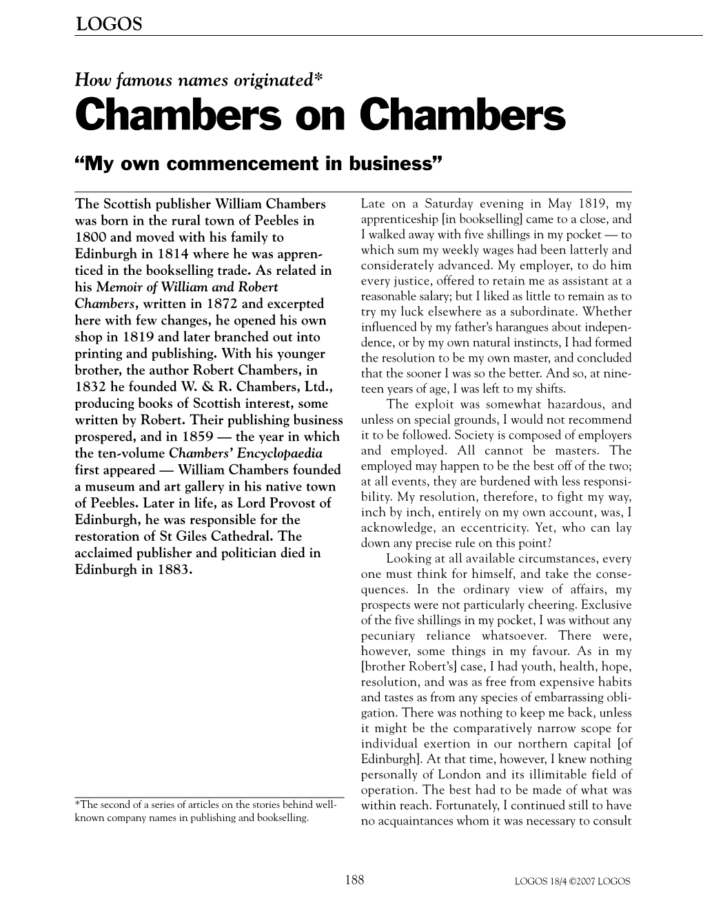 Chambers on Chambers “My Own Commencement in Business”