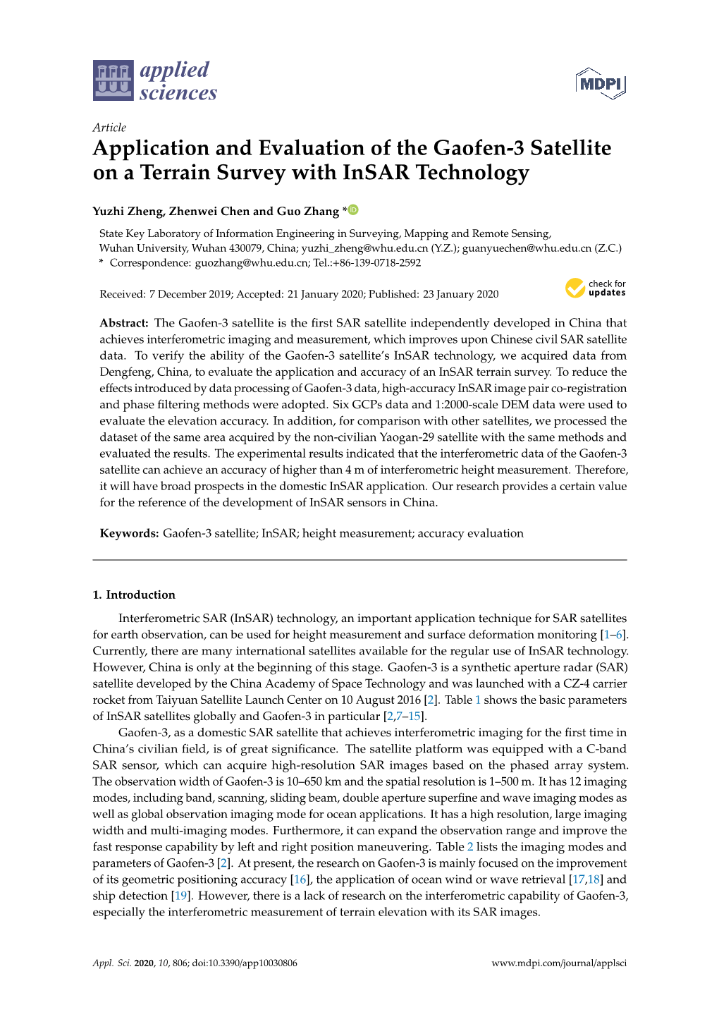 Application and Evaluation of the Gaofen-3 Satellite on a Terrain Survey with Insar Technology