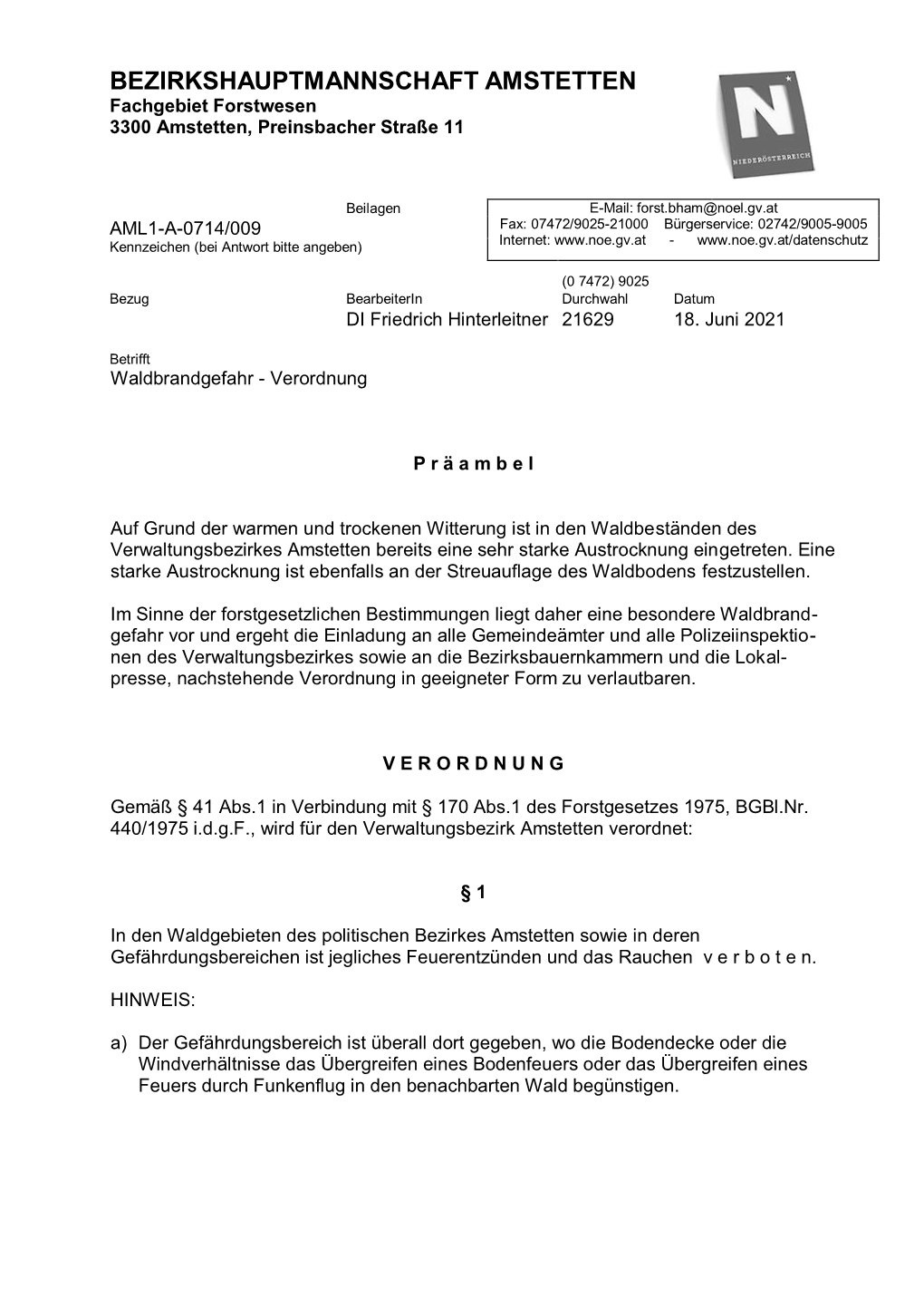 BEZIRKSHAUPTMANNSCHAFT AMSTETTEN Fachgebiet Forstwesen 3300 Amstetten, Preinsbacher Straße 11