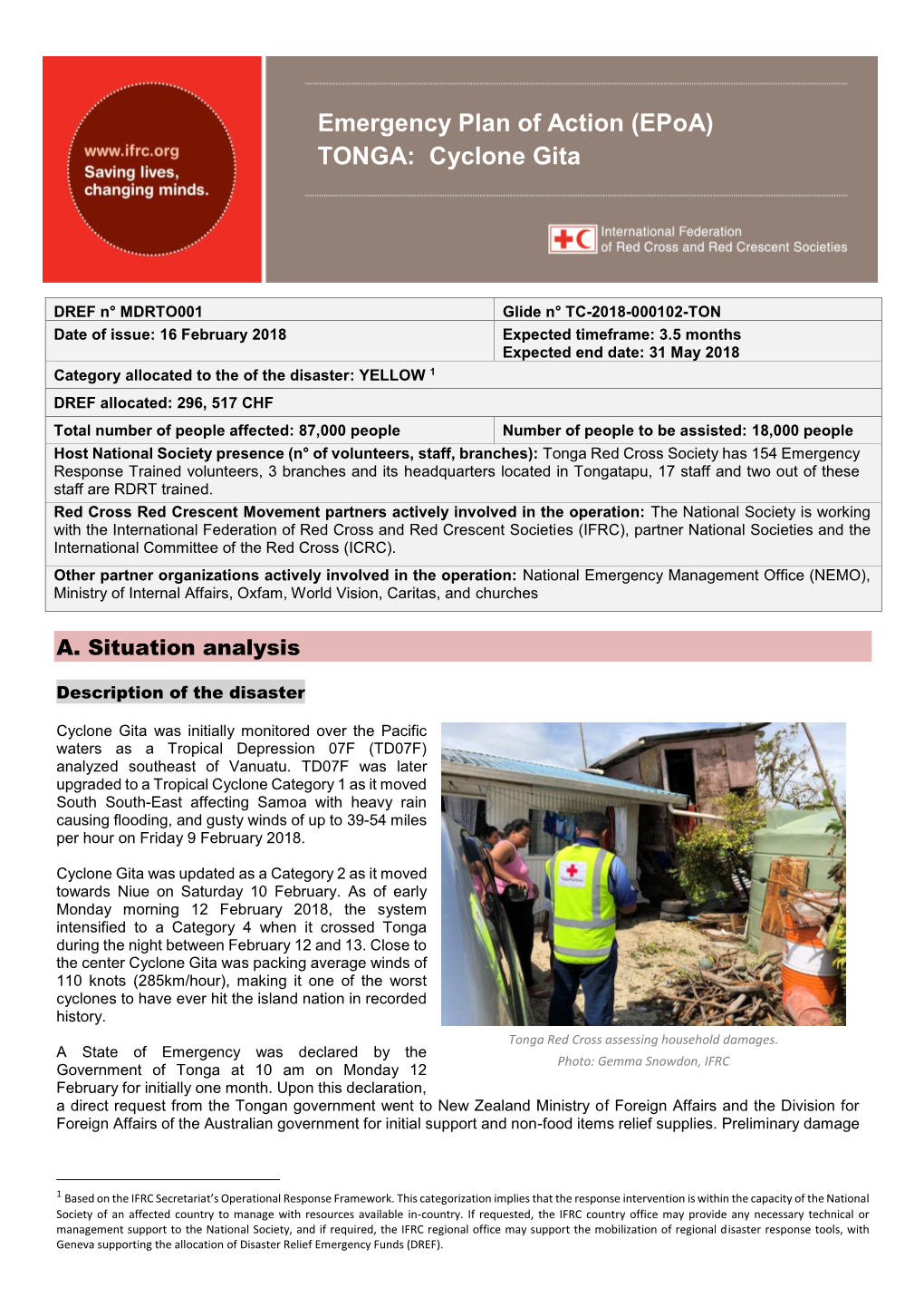 Emergency Plan of Action (Epoa) TONGA: Cyclone Gita