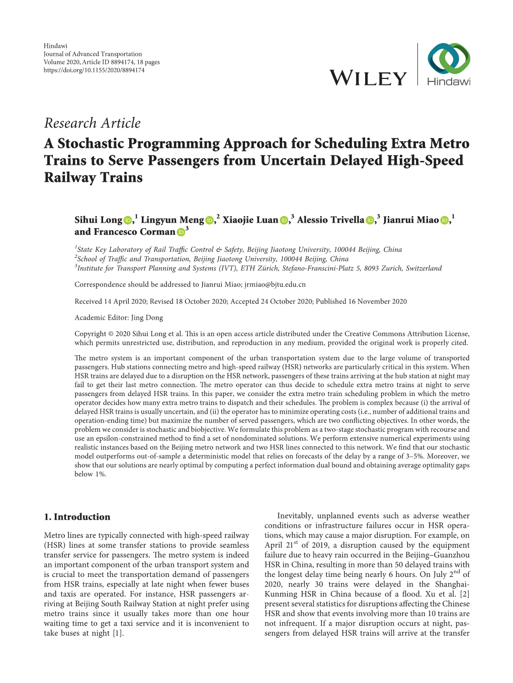 A Stochastic Programming Approach for Scheduling Extra Metro Trains to Serve Passengers from Uncertain Delayed High-Speed Railway Trains