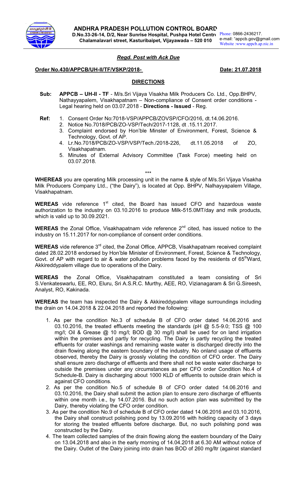 ANDHRA PRADESH POLLUTION CONTROL BOARD D.No.33-26-14, D/2, Near Sunrise Hospital, Pushpa Hotel Centre, Phone: 0866-2436217