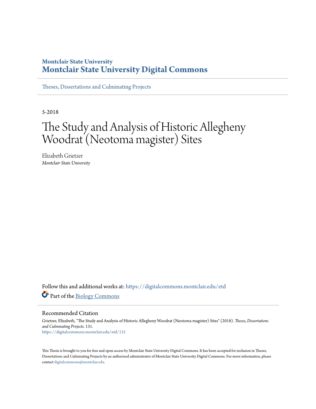 The Study and Analysis of Historic Allegheny Woodrat (Neotoma Magister) Sites