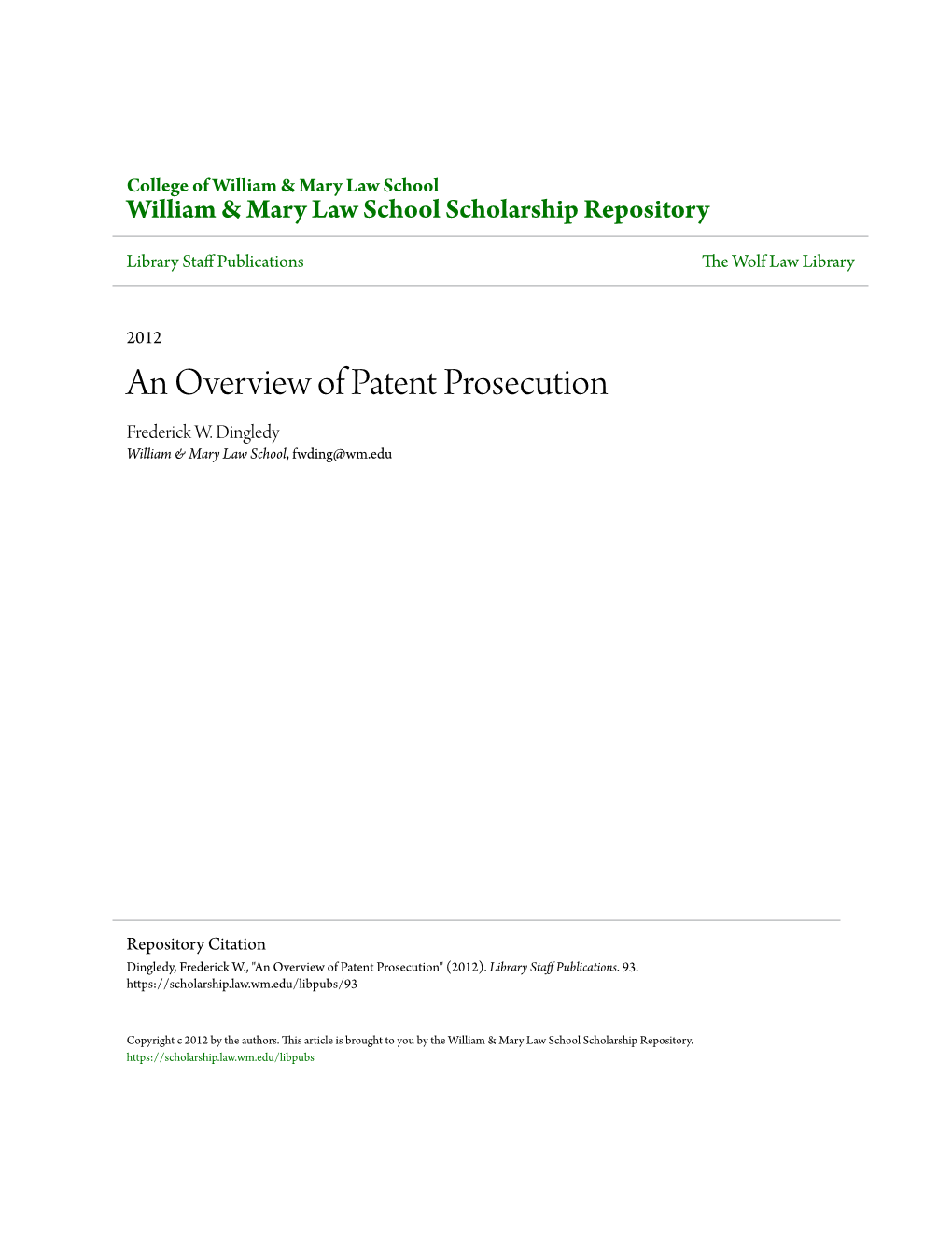 An Overview of Patent Prosecution Frederick W