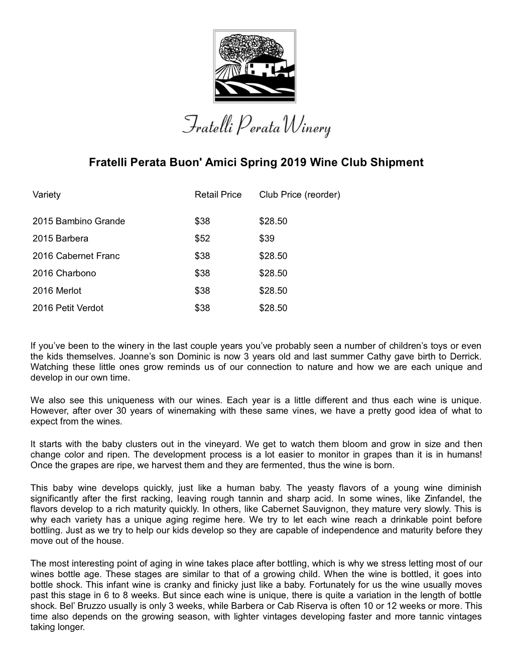 Fratelli Perata Buon' Amici Spring 2019 Wine Club Shipment