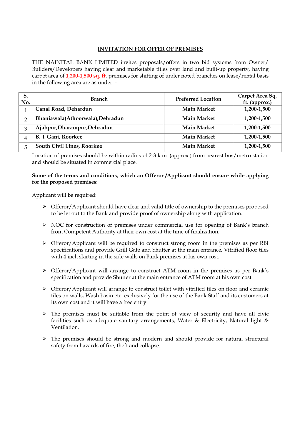 INVITATION for OFFER of PREMISES the NAINITAL BANK LIMITED Invites Proposals/Offers in Two Bid Systems from Owner/ Builders/Deve