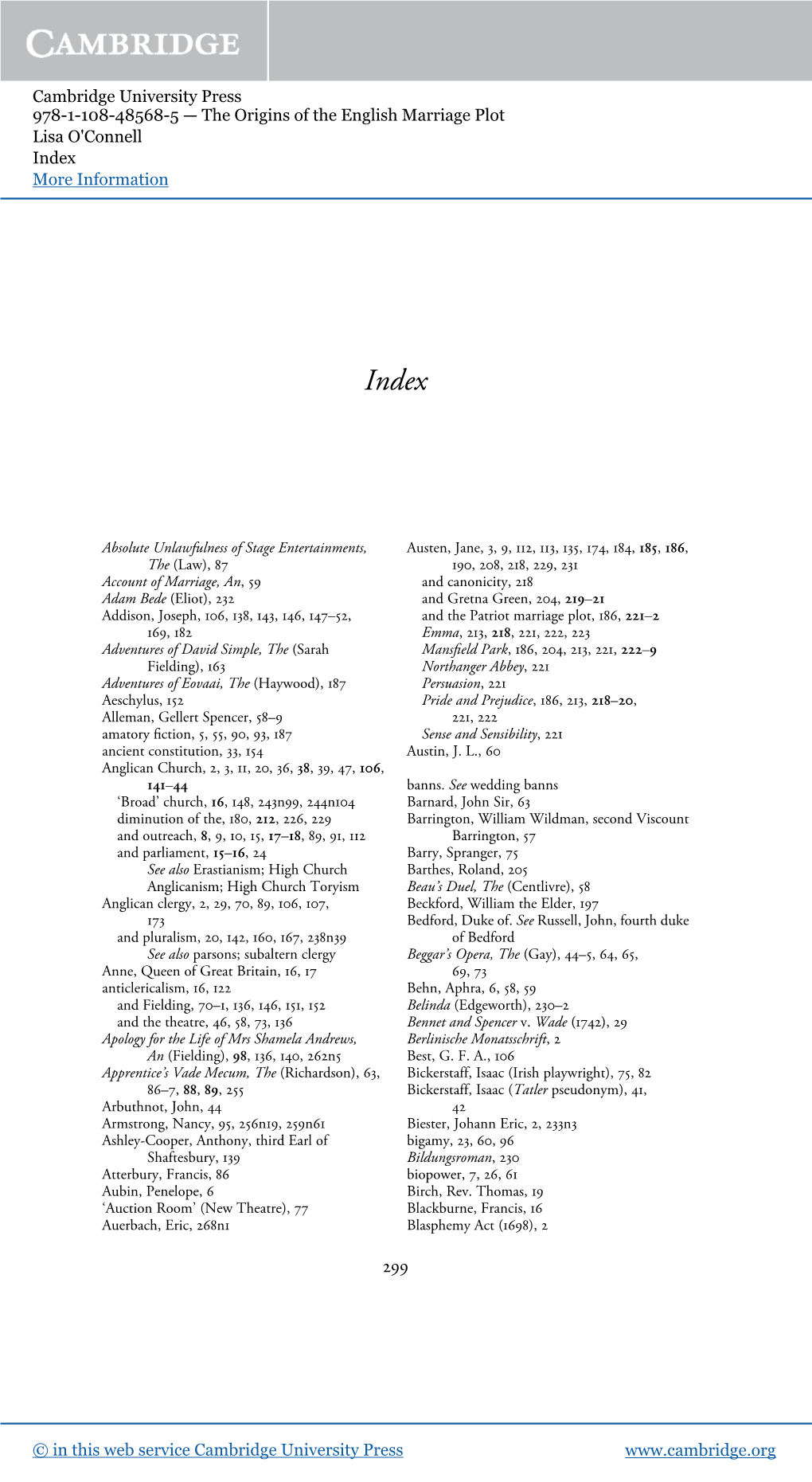 Cambridge University Press 978-1-108-48568-5 — the Origins of the English Marriage Plot Lisa O'connell Index More Information