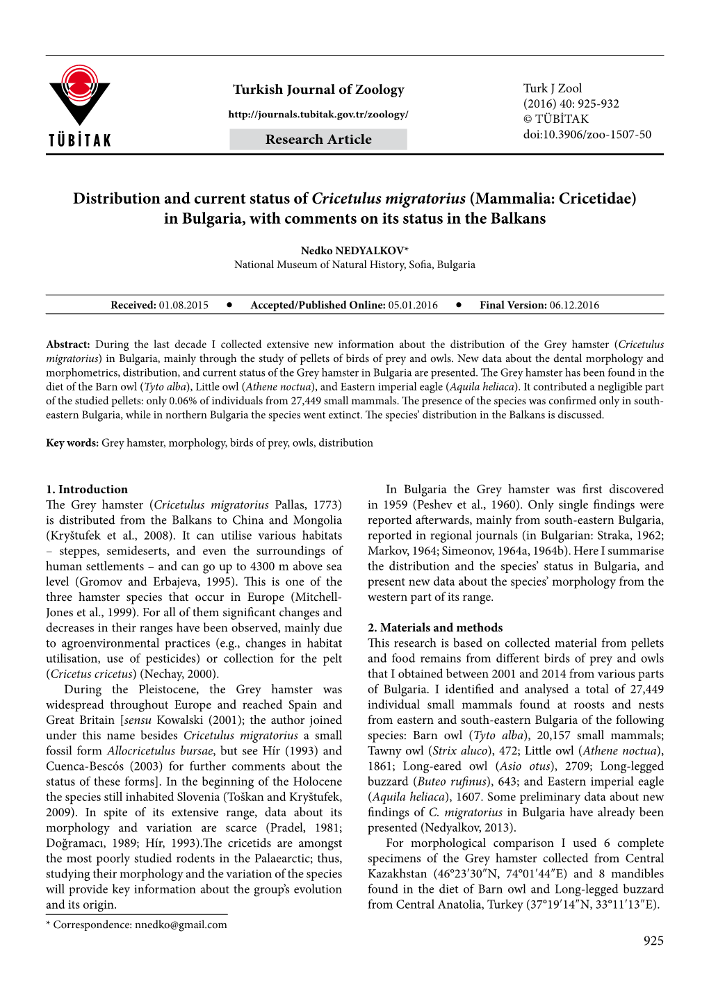 Distribution and Current Status of Cricetulus Migratorius (Mammalia: Cricetidae) in Bulgaria, with Comments on Its Status in the Balkans