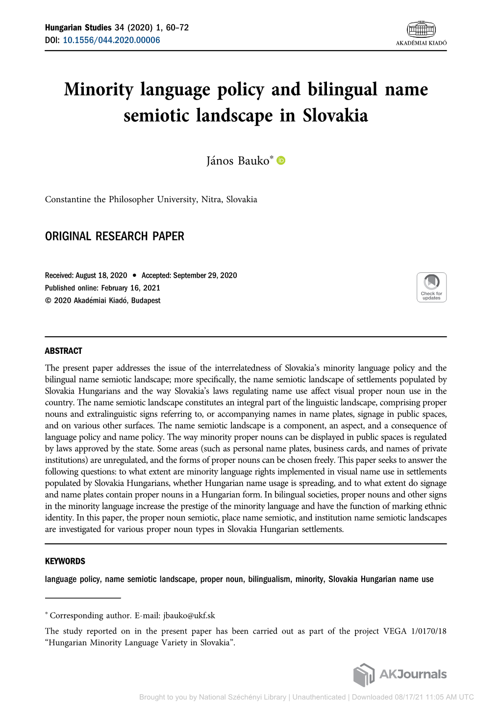 Hungarian Studies 34 (2020) 1, 60–72 DOI: 10.1556/044.2020.00006