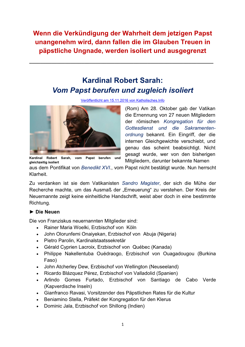 Kardinal Robert Sarah: Vom Papst Berufen Und Zugleich Isoliert