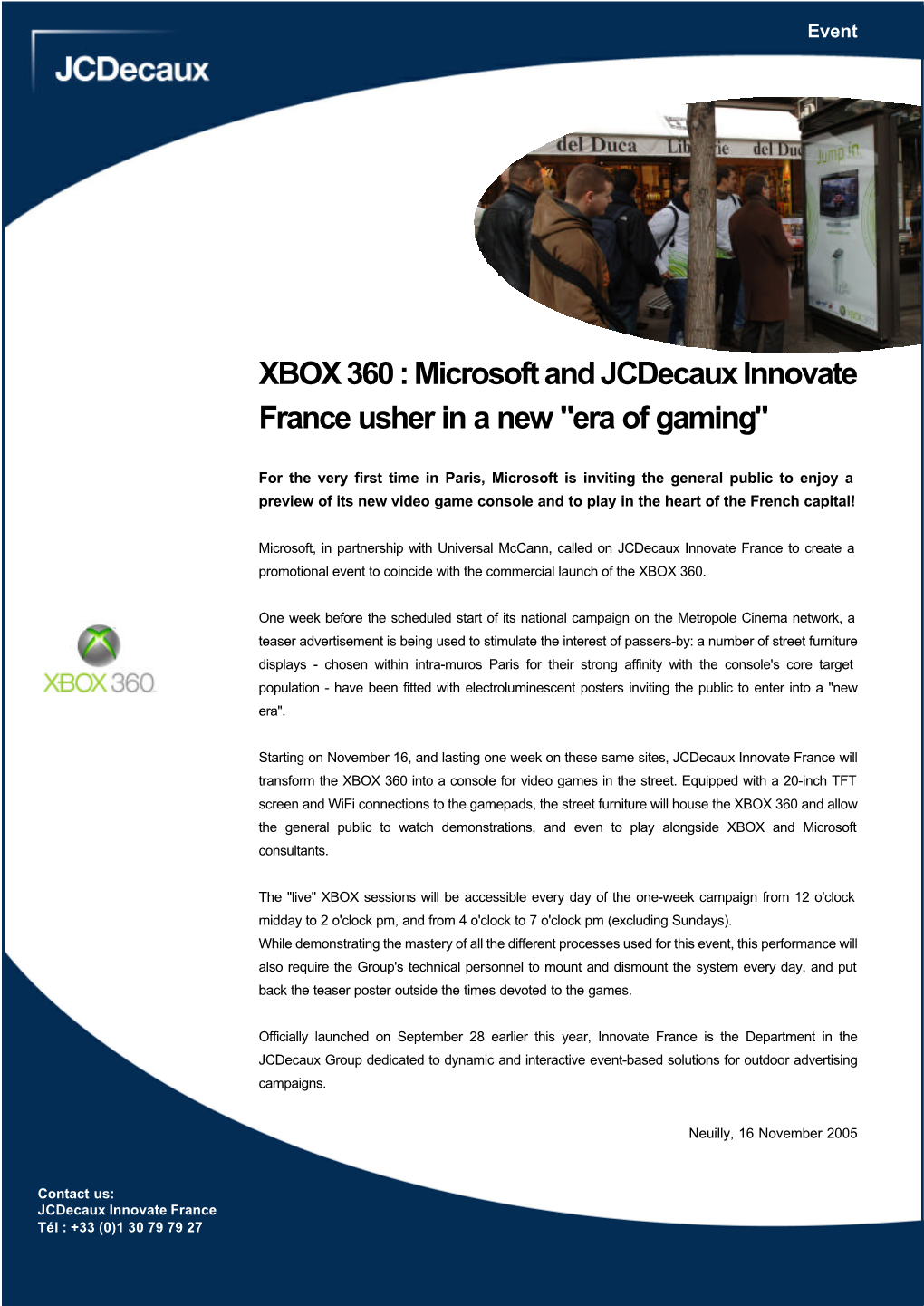 XBOX 360 : Microsoft and Jcdecaux Innovate France Usher in a New "Era of Gaming"