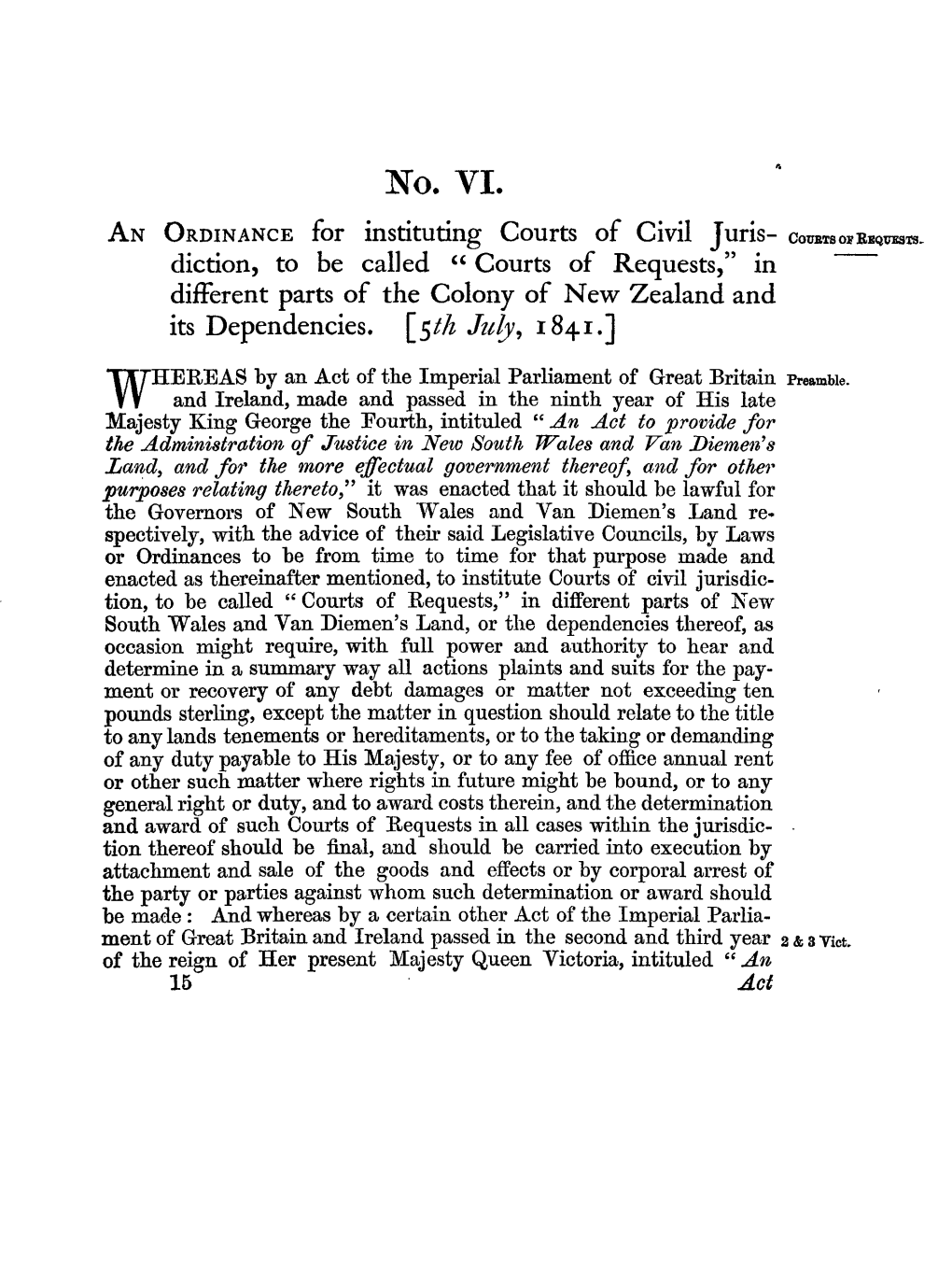 4 Victoriae 1841 No 6 Courts of Requests