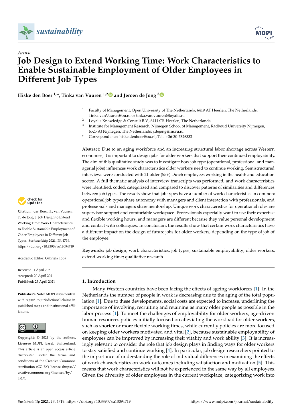 Work Characteristics to Enable Sustainable Employment of Older Employees in Different Job Types