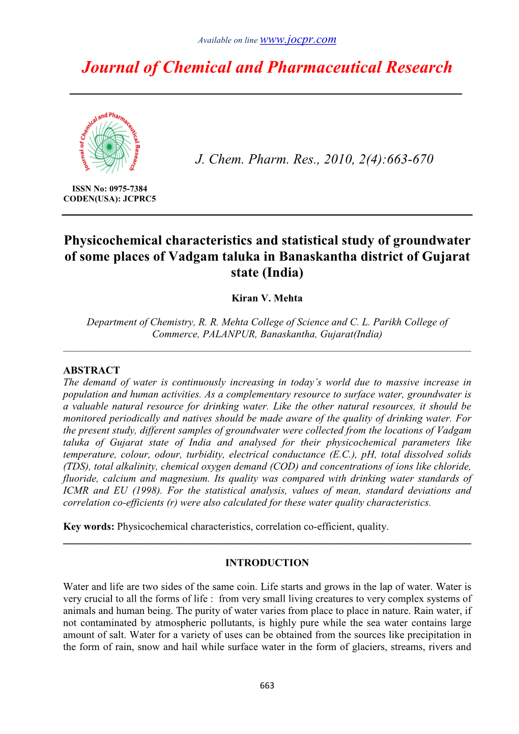 Physicochemical Characteristics and Statistical Study of Groundwater of Some Places of Vadgam Taluka in Banaskantha District of Gujarat State (India)