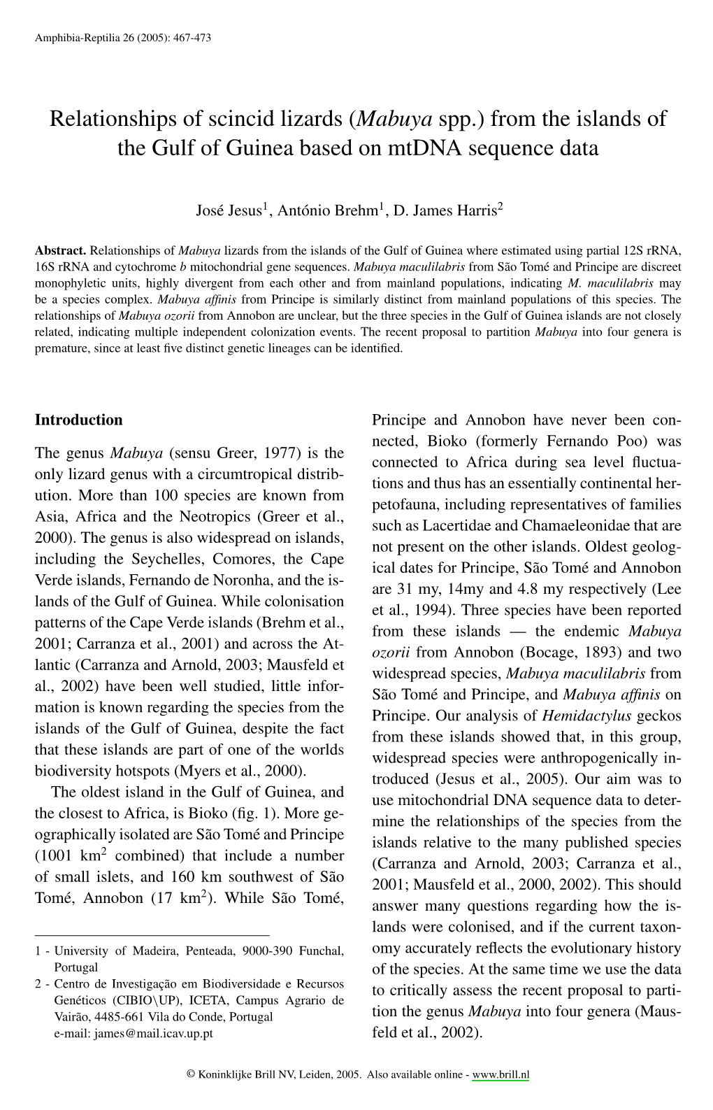 (Mabuya Spp.) from the Islands of the Gulf of Guinea Based on Mtdna Sequence Data