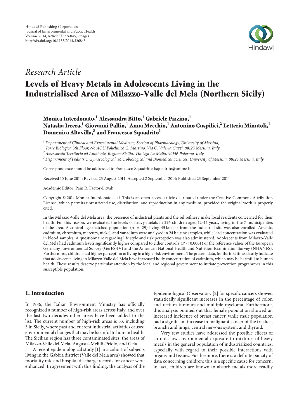 Levels of Heavy Metals in Adolescents Living in the Industrialised Area of Milazzo-Valle Del Mela (Northern Sicily)