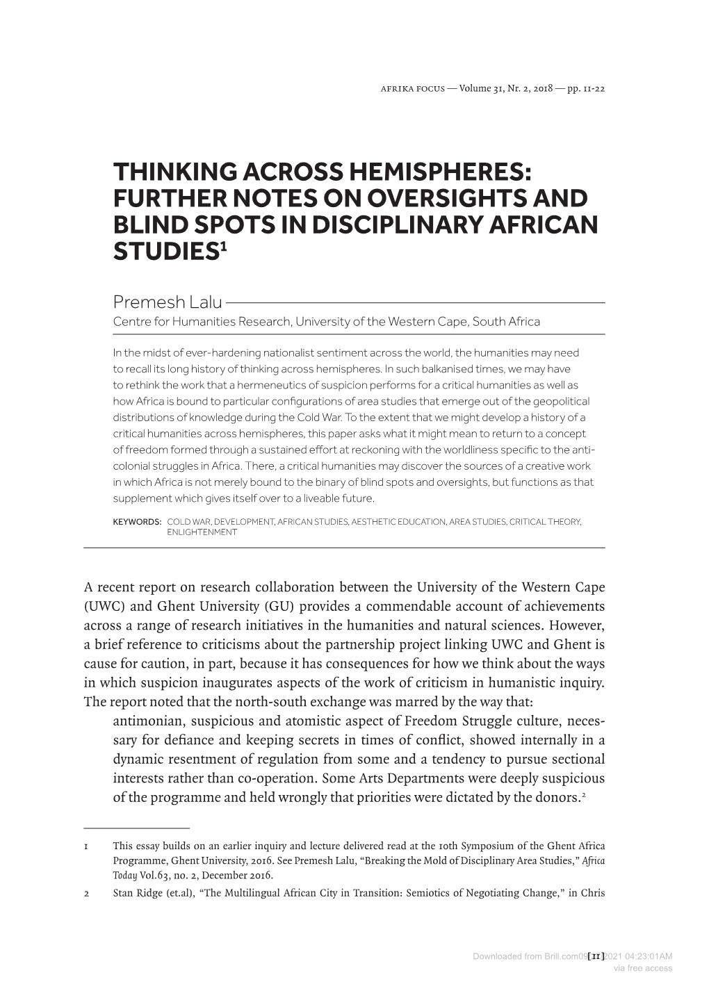 Thinking Across Hemispheres: Further Notes on Oversights and Blind Spots in Disciplinary African Studies1