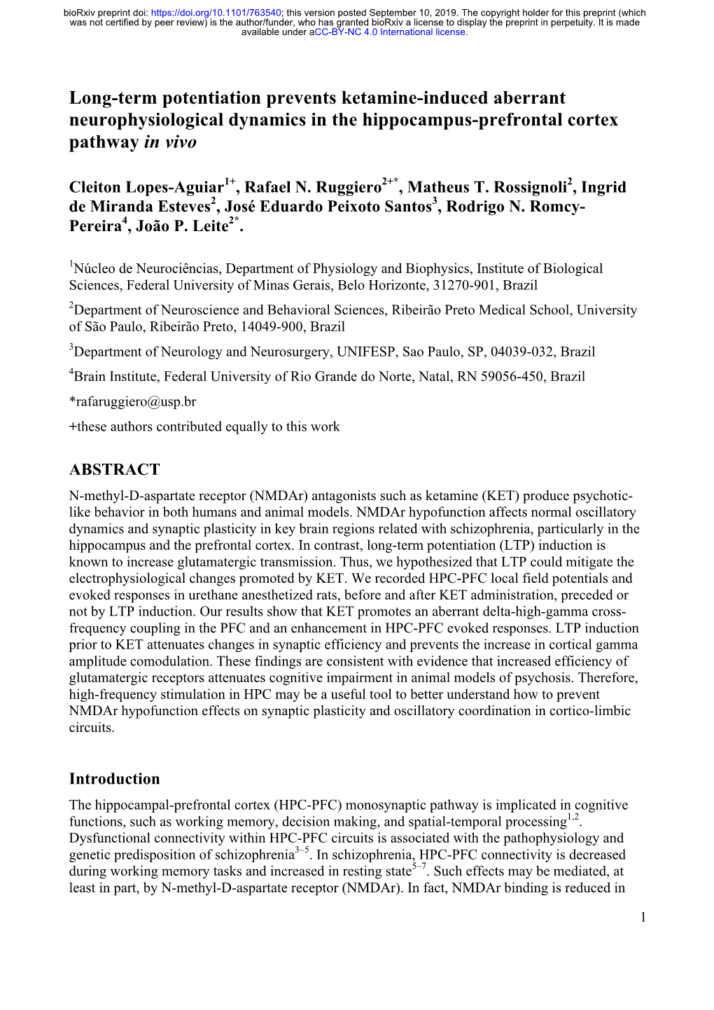 Long-Term Potentiation Prevents Ketamine-Induced Aberrant Neurophysiological Dynamics in the Hippocampus-Prefrontal Cortex Pathway in Vivo