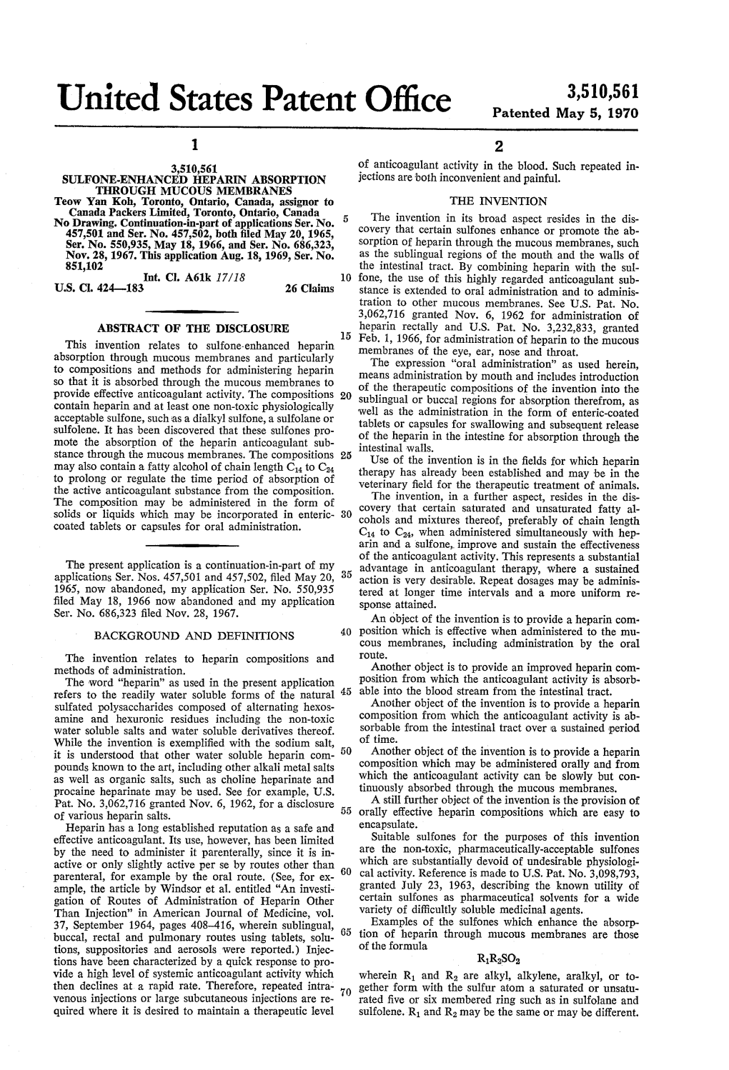 United States Patent Office Patented May 5, 1970 1