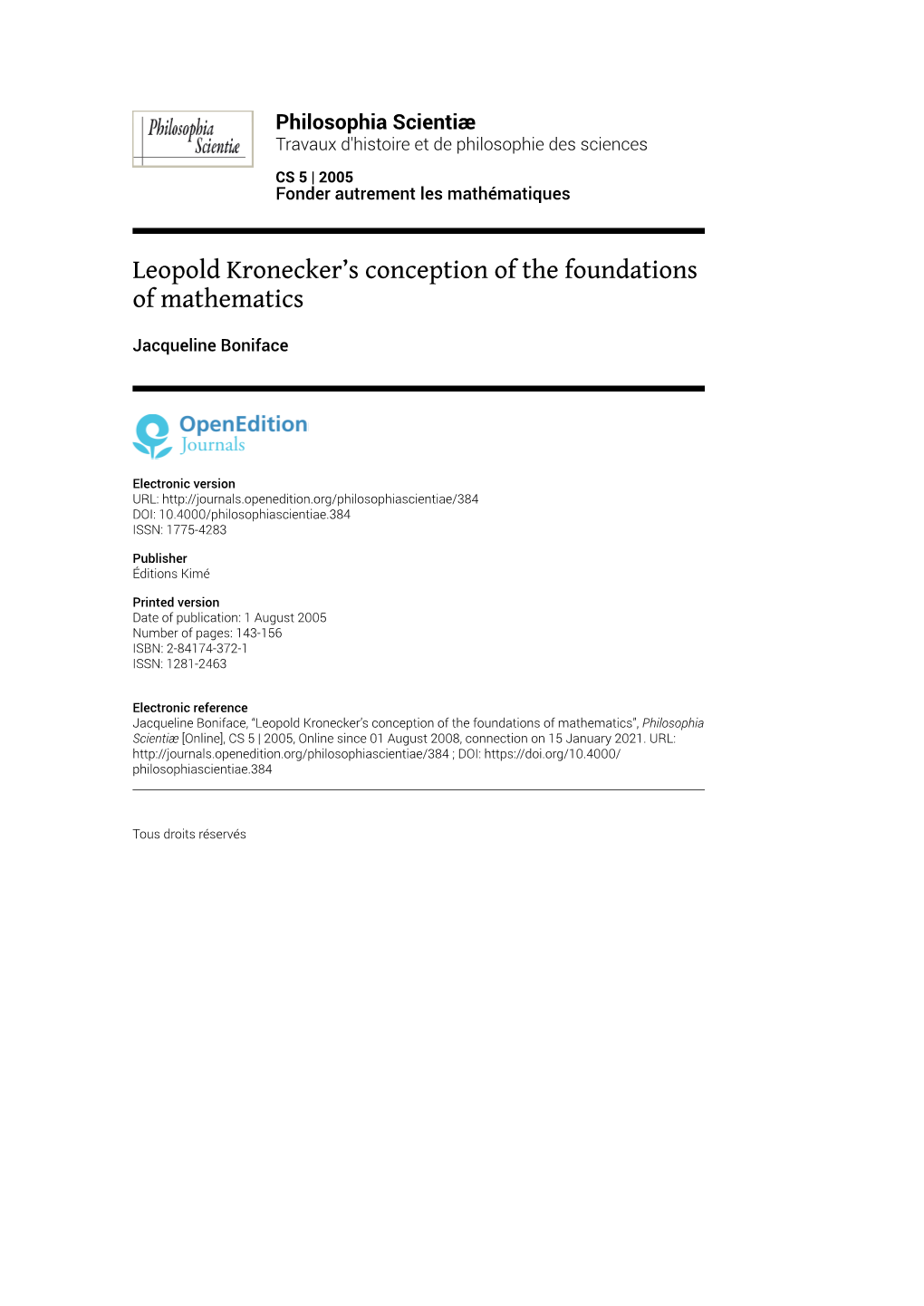 Leopold Kronecker's Conception of the Foundations of Mathematics