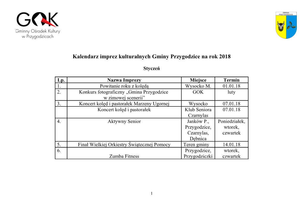 Kalendarz Imprez Kulturalnych Gminy Przygodzice Na Rok 2018