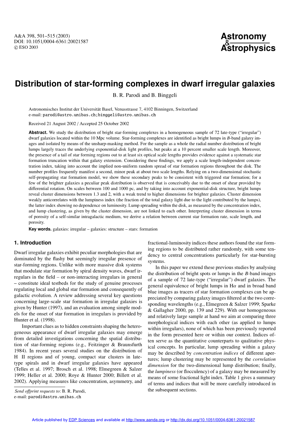 Distribution of Star-Forming Complexes in Dwarf Irregular Galaxies B