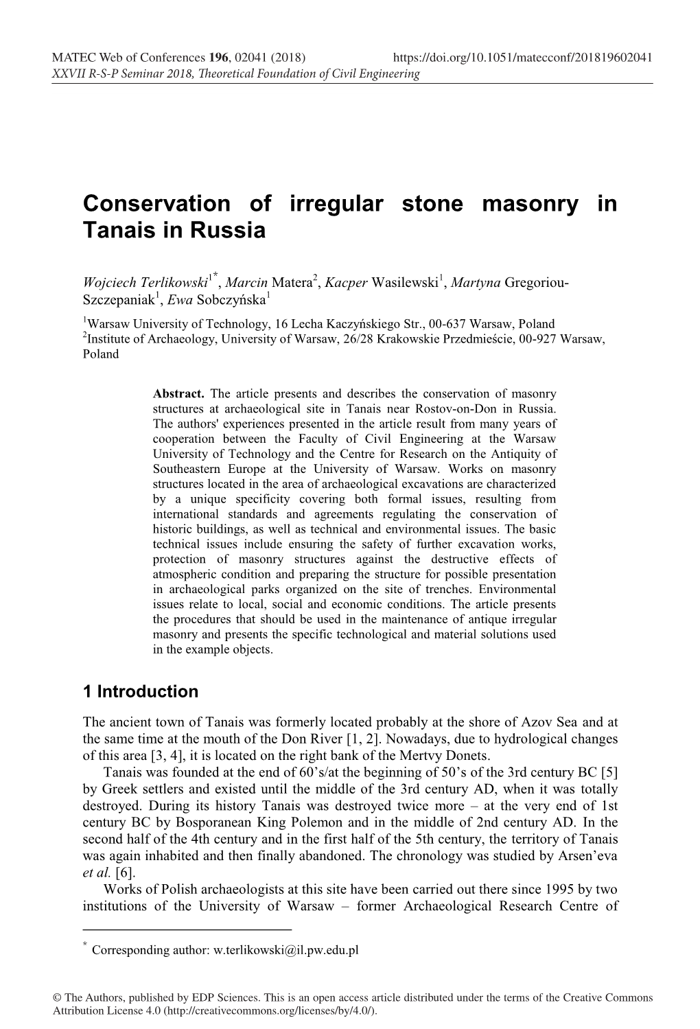 Conservation of Irregular Stone Masonry in Tanais in Russia