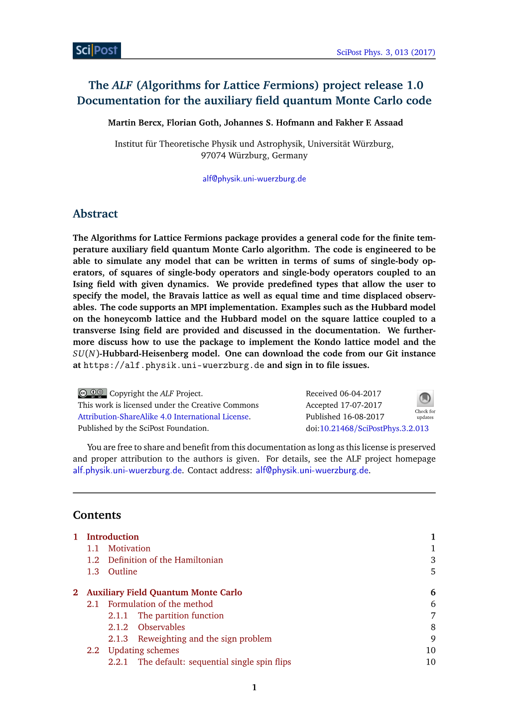 The ALF (Algorithms for Lattice Fermions) Project Release 1.0 Documentation for the Auxiliary ﬁeld Quantum Monte Carlo Code