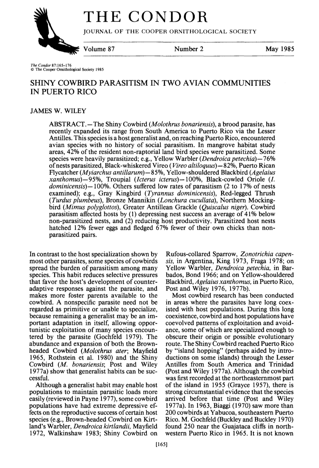 Shiny Cowbird Parasitism in Two Avian Communicties in Puerto Rico