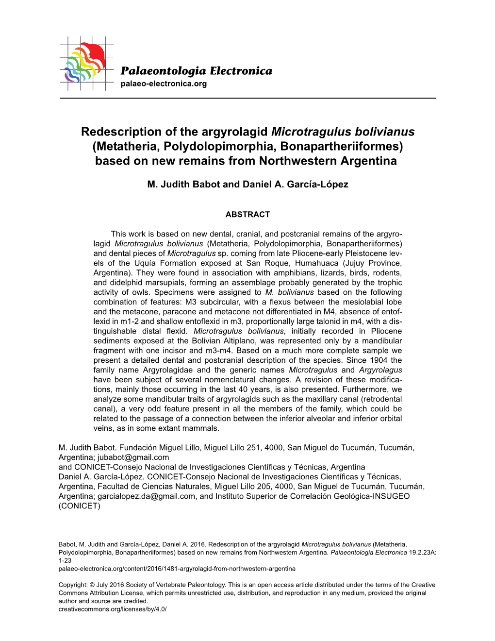 Redescription of the Argyrolagid Microtragulus Bolivianus (Metatheria, Polydolopimorphia, Bonapartheriiformes) Based on New Remains from Northwestern Argentina