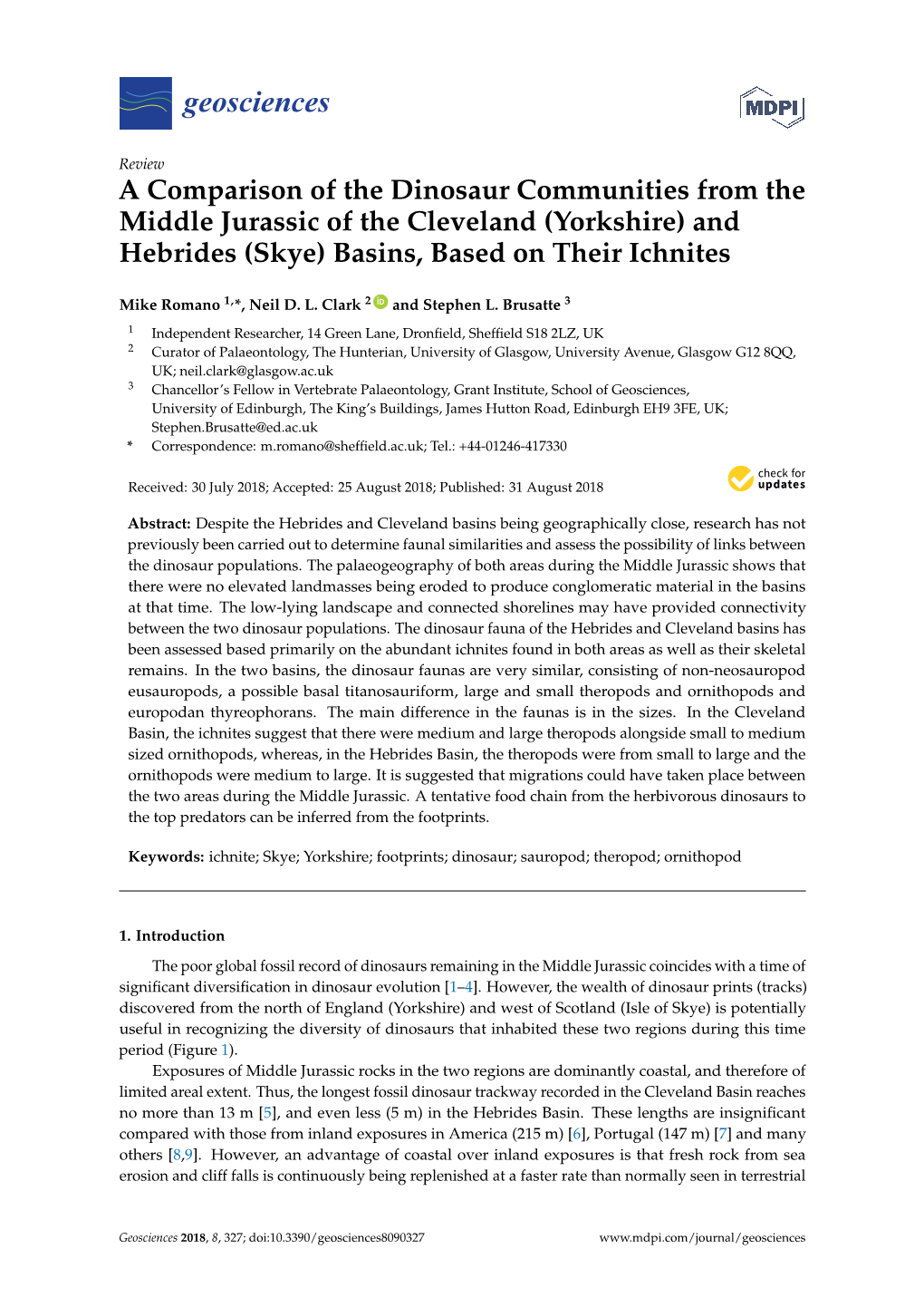 A Comparison of the Dinosaur Communities from the Middle Jurassic of the Cleveland (Yorkshire) and Hebrides (Skye) Basins, Based on Their Ichnites