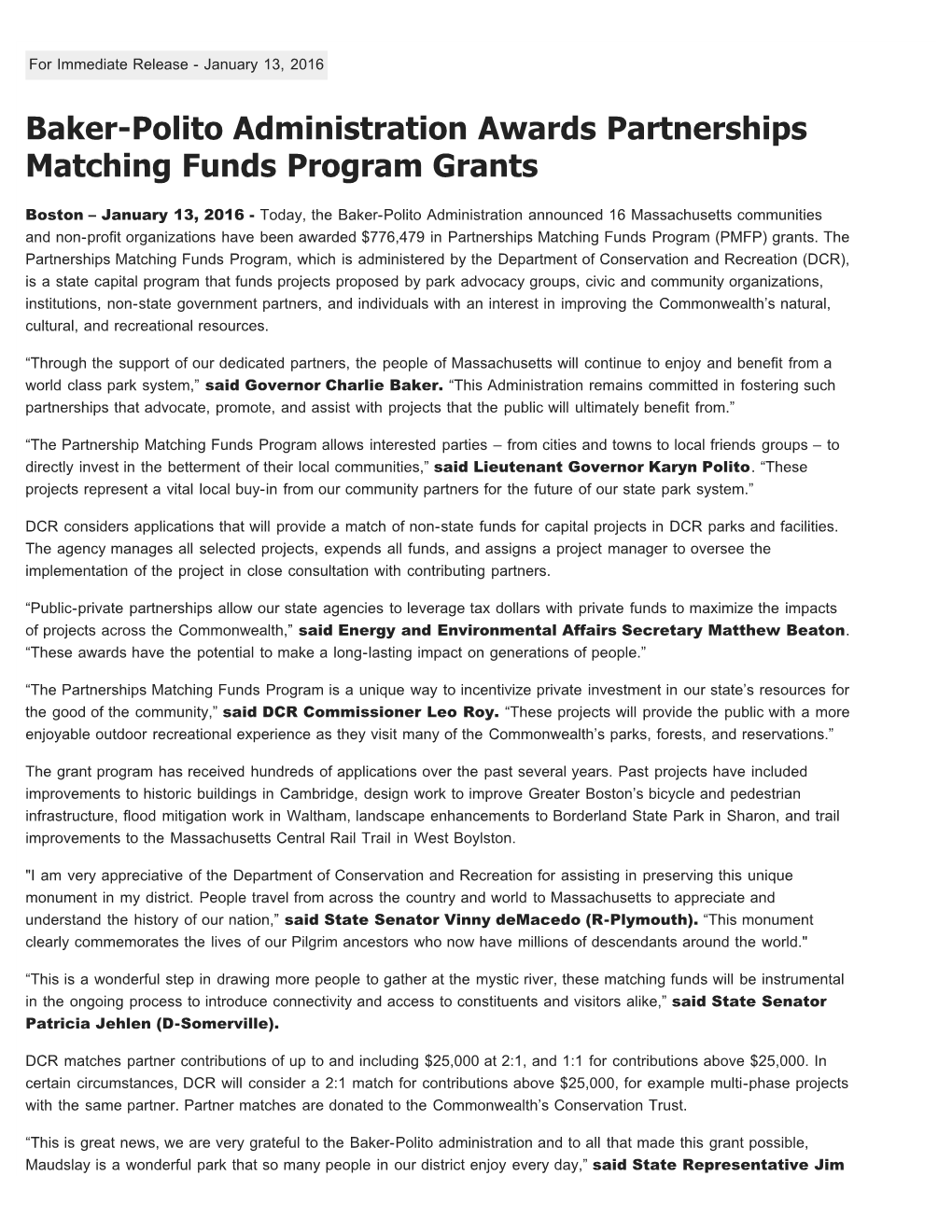 Baker-Polito Administration Awards Partnerships Matching Funds Program Grants