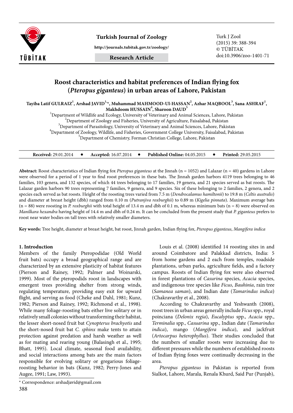 Roost Characteristics and Habitat Preferences of Indian Flying Fox (Pteropus Giganteus) in Urban Areas of Lahore, Pakistan