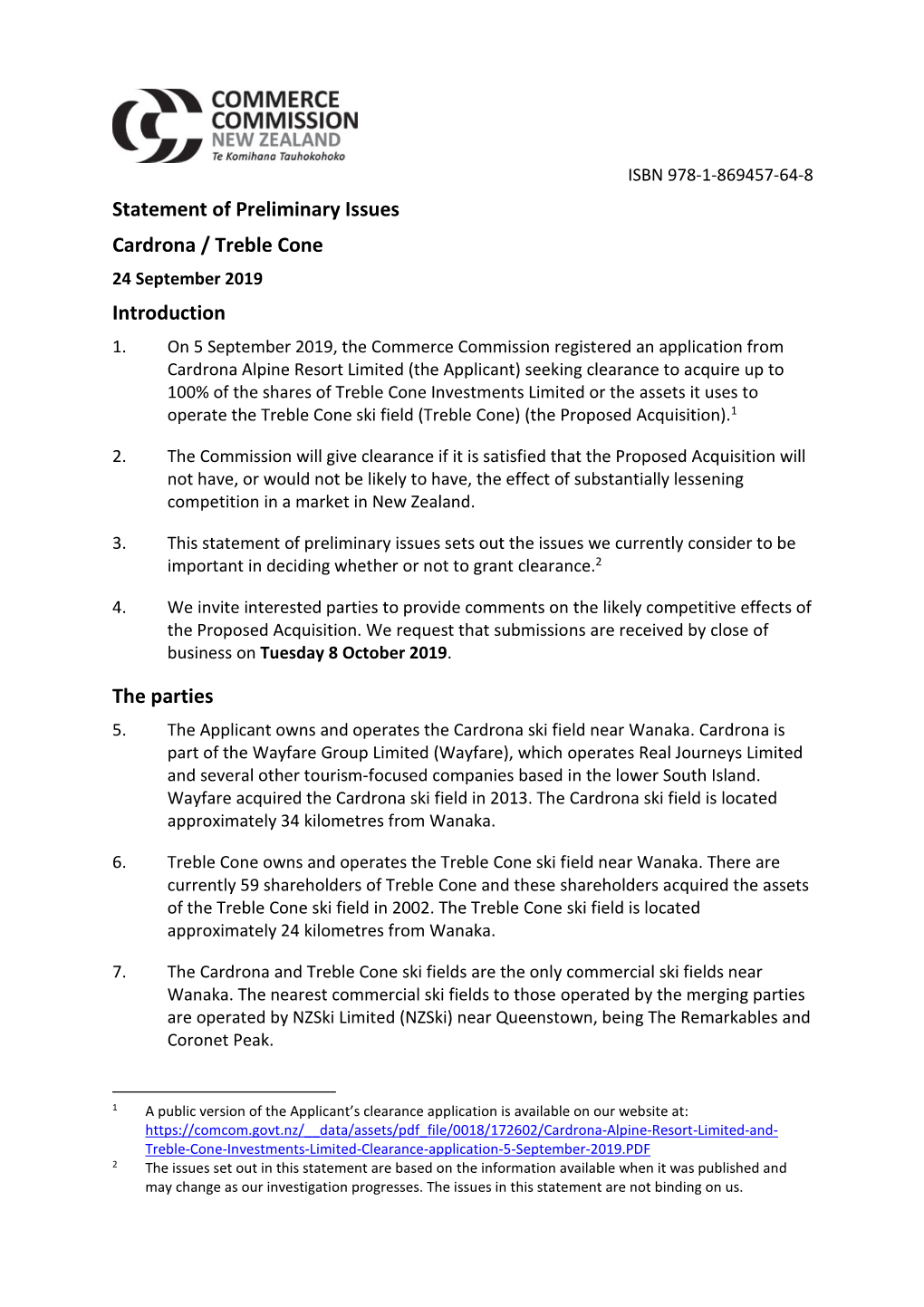 Statement of Preliminary Issues Cardrona / Treble Cone Introduction the Parties