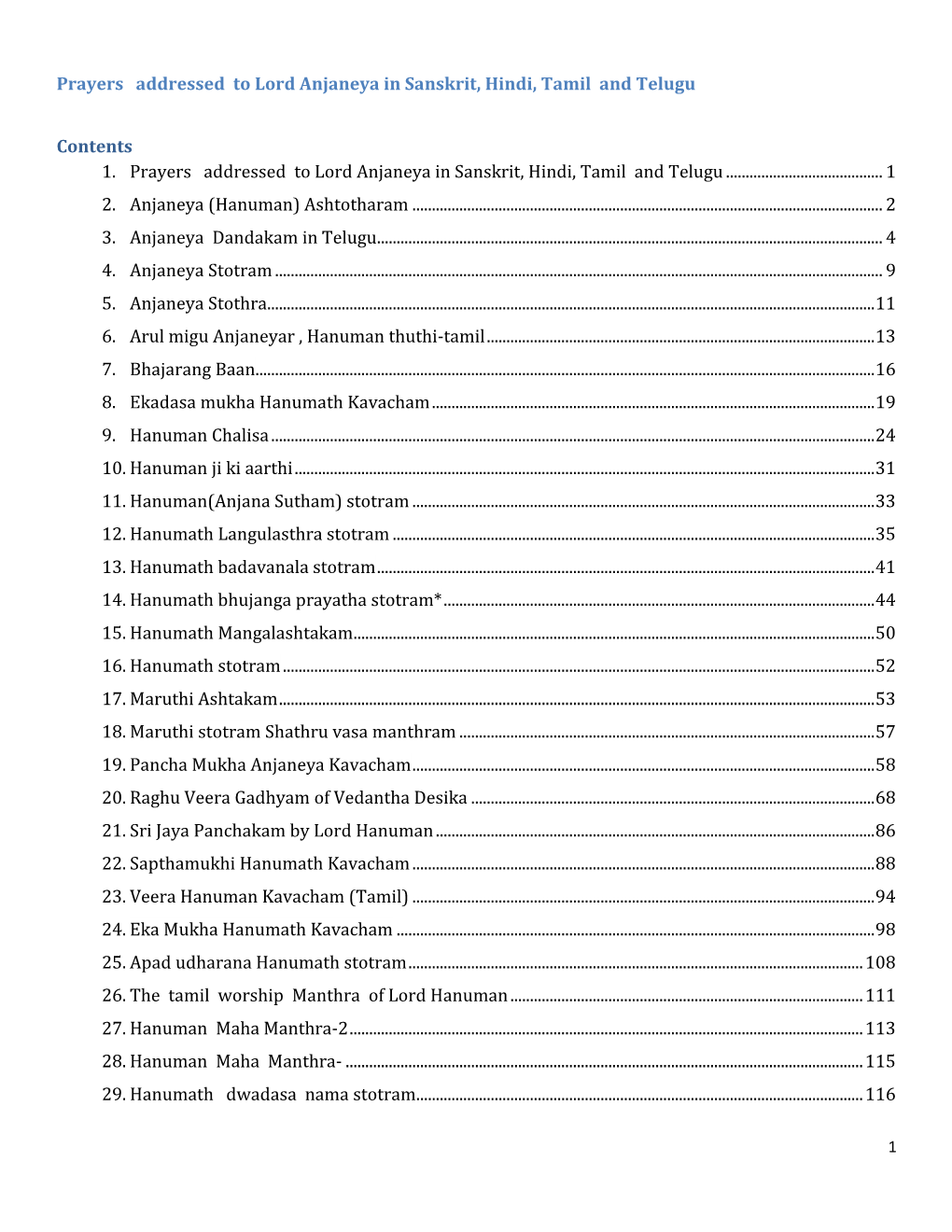 Prayers Addressed to Lord Anjaneya in Sanskrit, Hindi, Tamil and Telugu