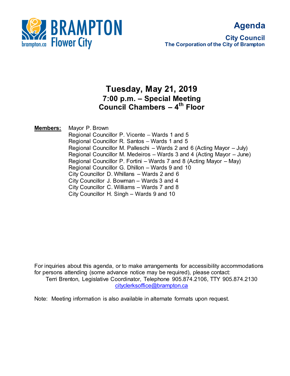 Special Council Agenda for May 21, 2019