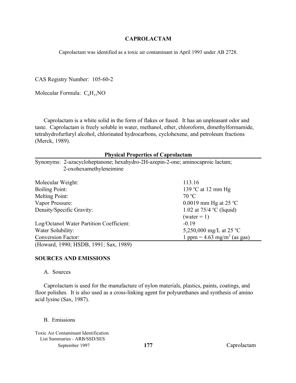 1997-11-19 Caprolactam As Federal Hazardous Air Pollutant