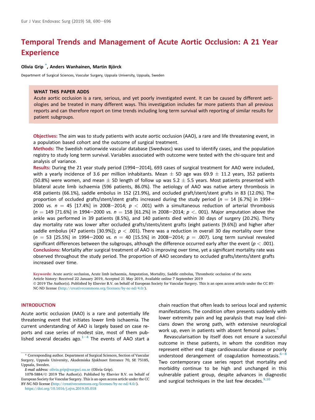 Temporal Trends and Management of Acute Aortic Occlusion: a 21 Year Experience