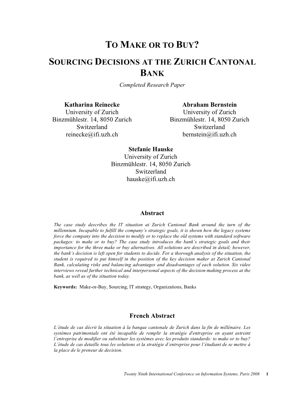 SOURCING DECISIONS at the ZURICH CANTONAL BANK Completed Research Paper