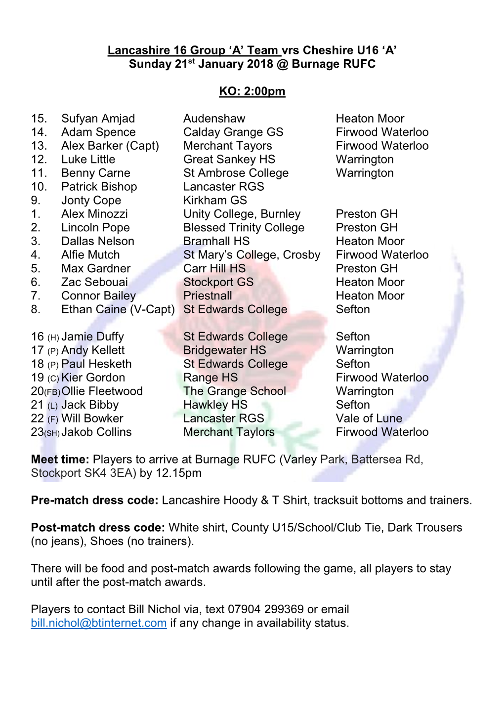 'A' Team Vrs Cheshire U16 'A' Sunday 21St January 2018 @ Burnage