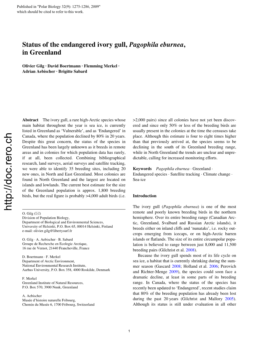 Status of the Endangered Ivory Gull, Pagophila Eburnea, in Greenland