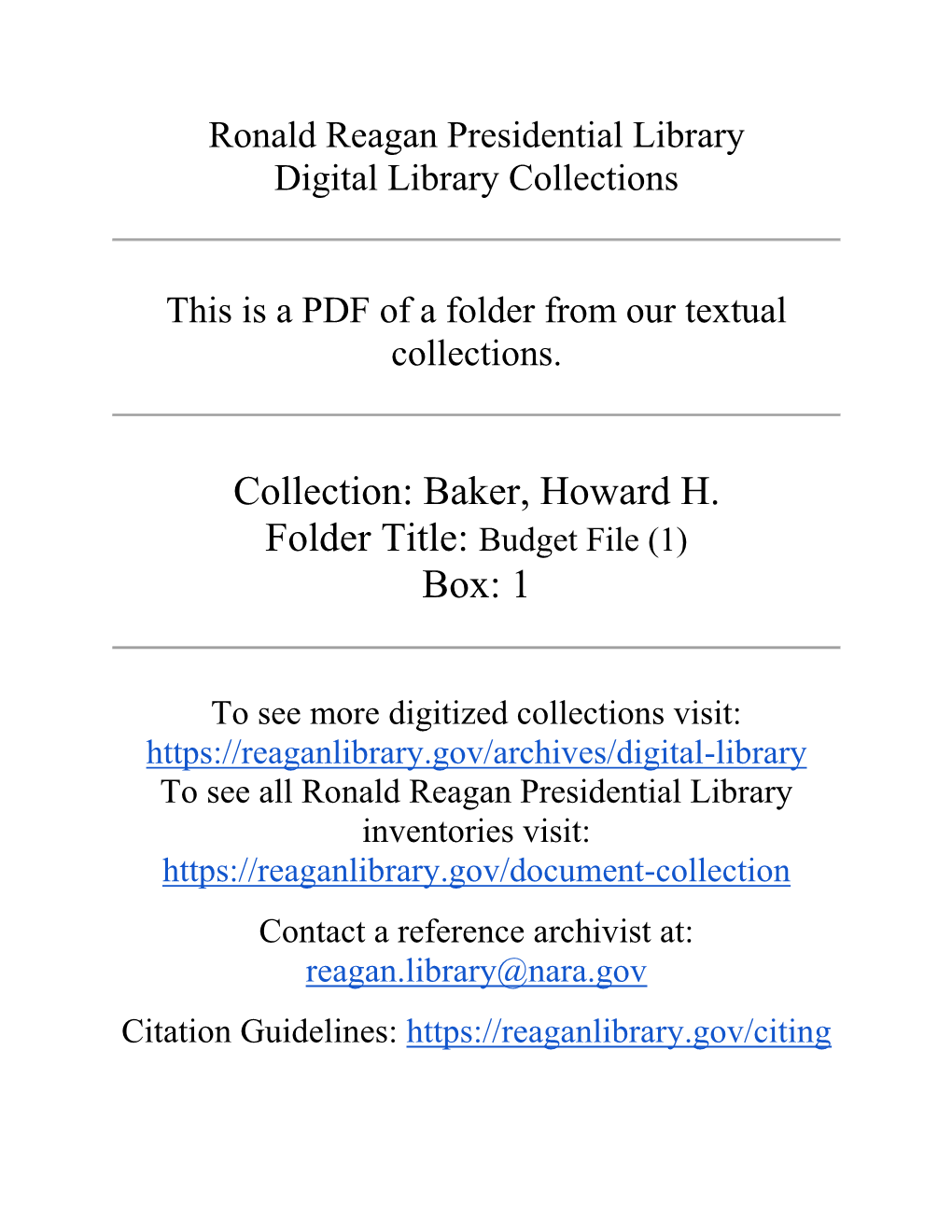 Baker, Howard H. Folder Title: Budget File (1) Box: 1