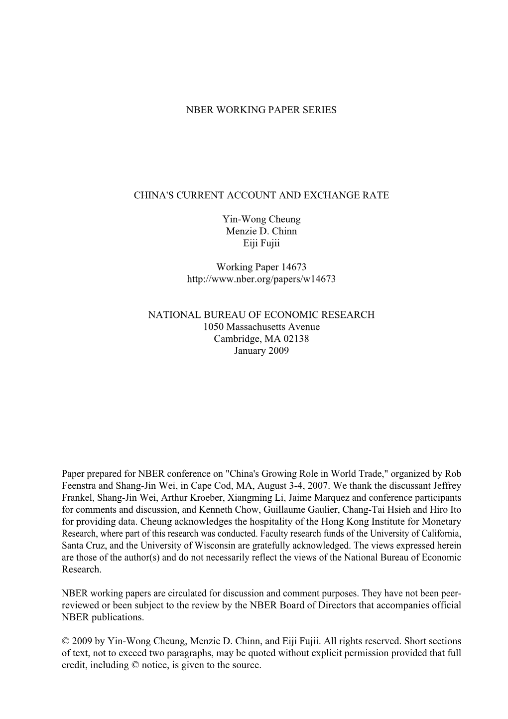 Nber Working Paper Series China's Current Account