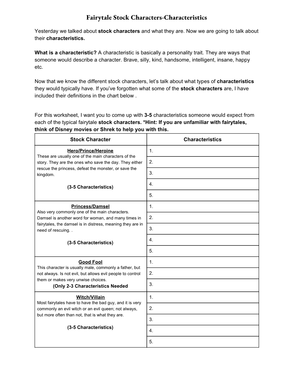 Fairytale Stock Characters-Characteristics