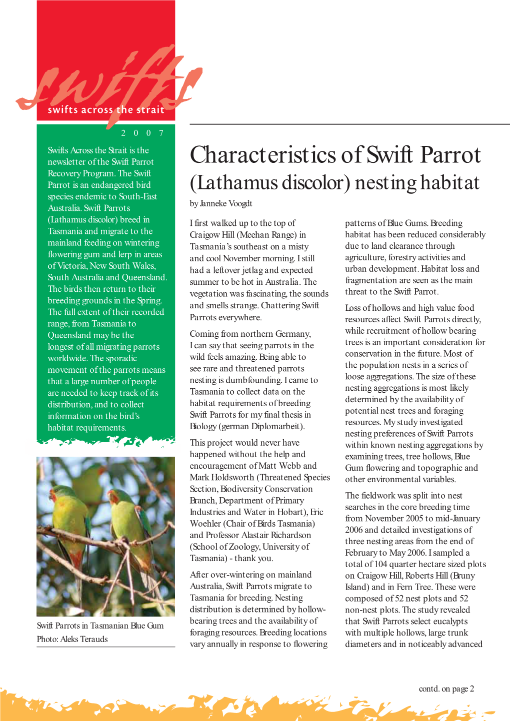 Characteristics of Swift Parrot Recovery Program