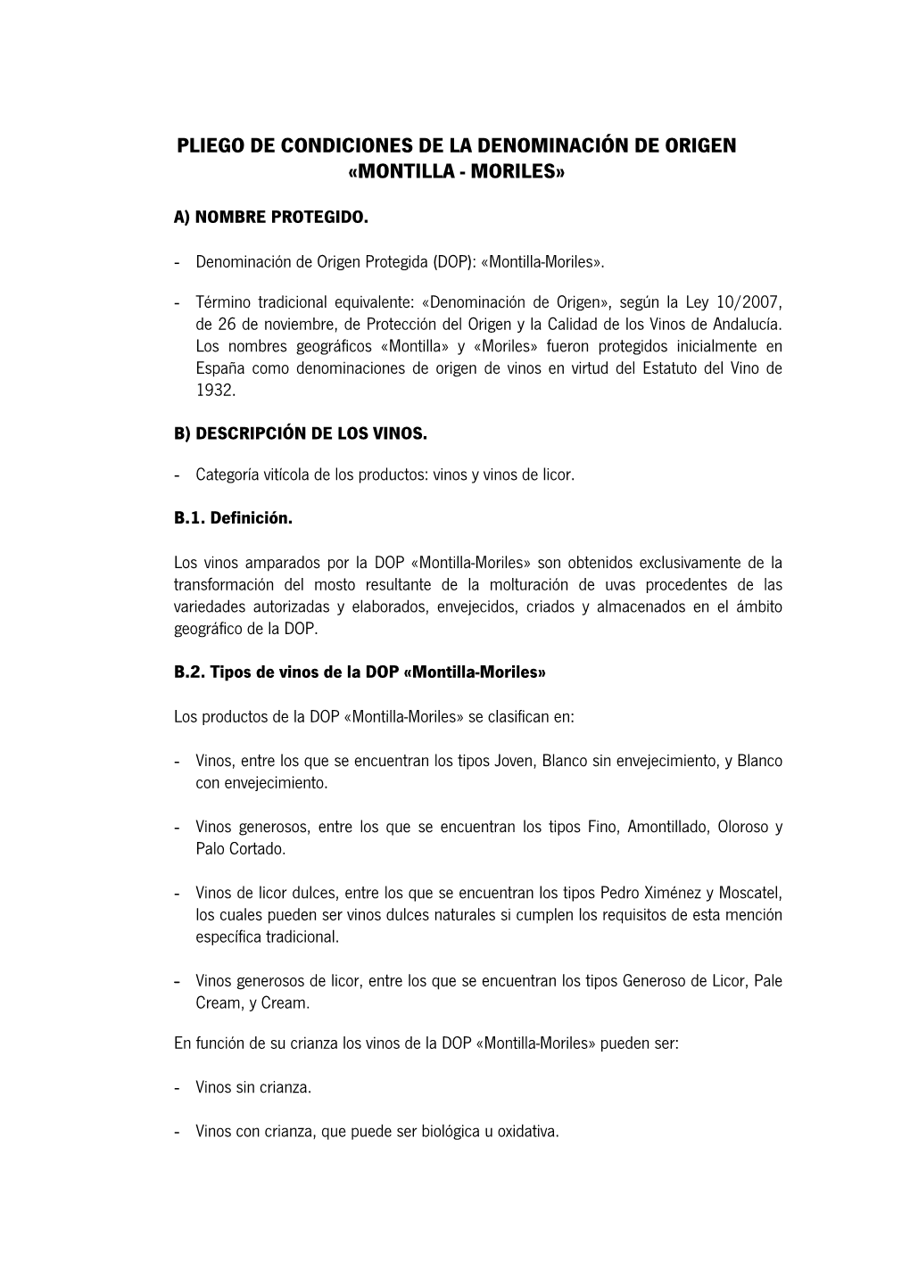 Pliego De Condiciones De La Denominación De Origen «Montilla - Moriles»