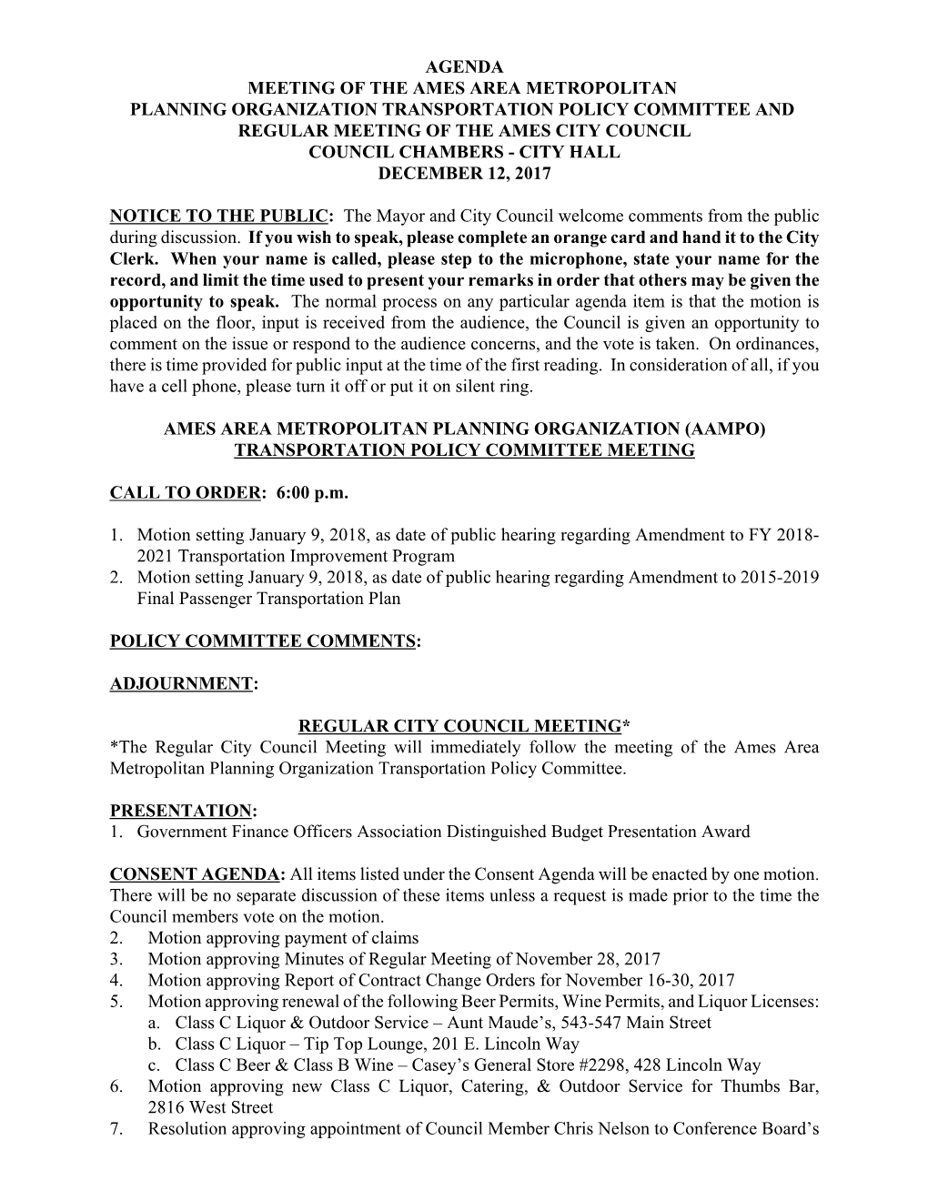 Agenda Meeting of the Ames Area Metropolitan Planning
