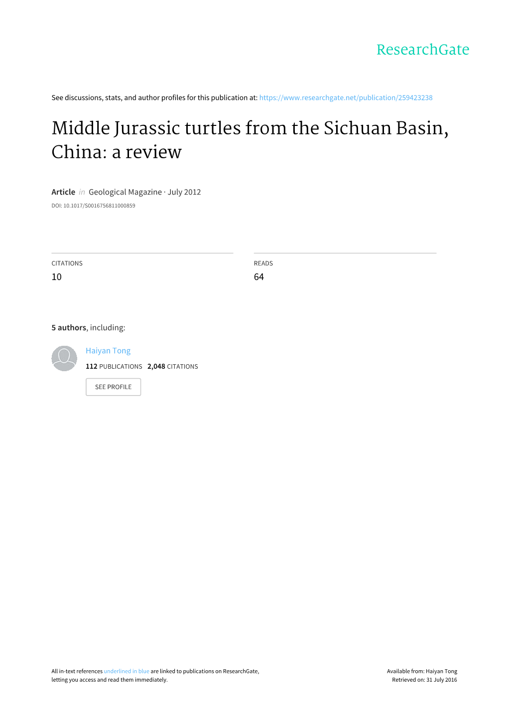 Middle Jurassic Turtles from the Sichuan Basin, China: a Review