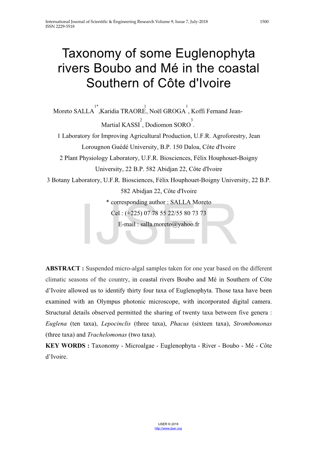 Taxonomy of Some Euglenophyta Rivers Boubo and Mé in the Coastal Southern of Côte D'ivoire